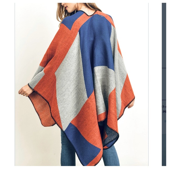 Fall/Winter Oversized Color Block Boho Poncho Shawl - Picture 2 of 5